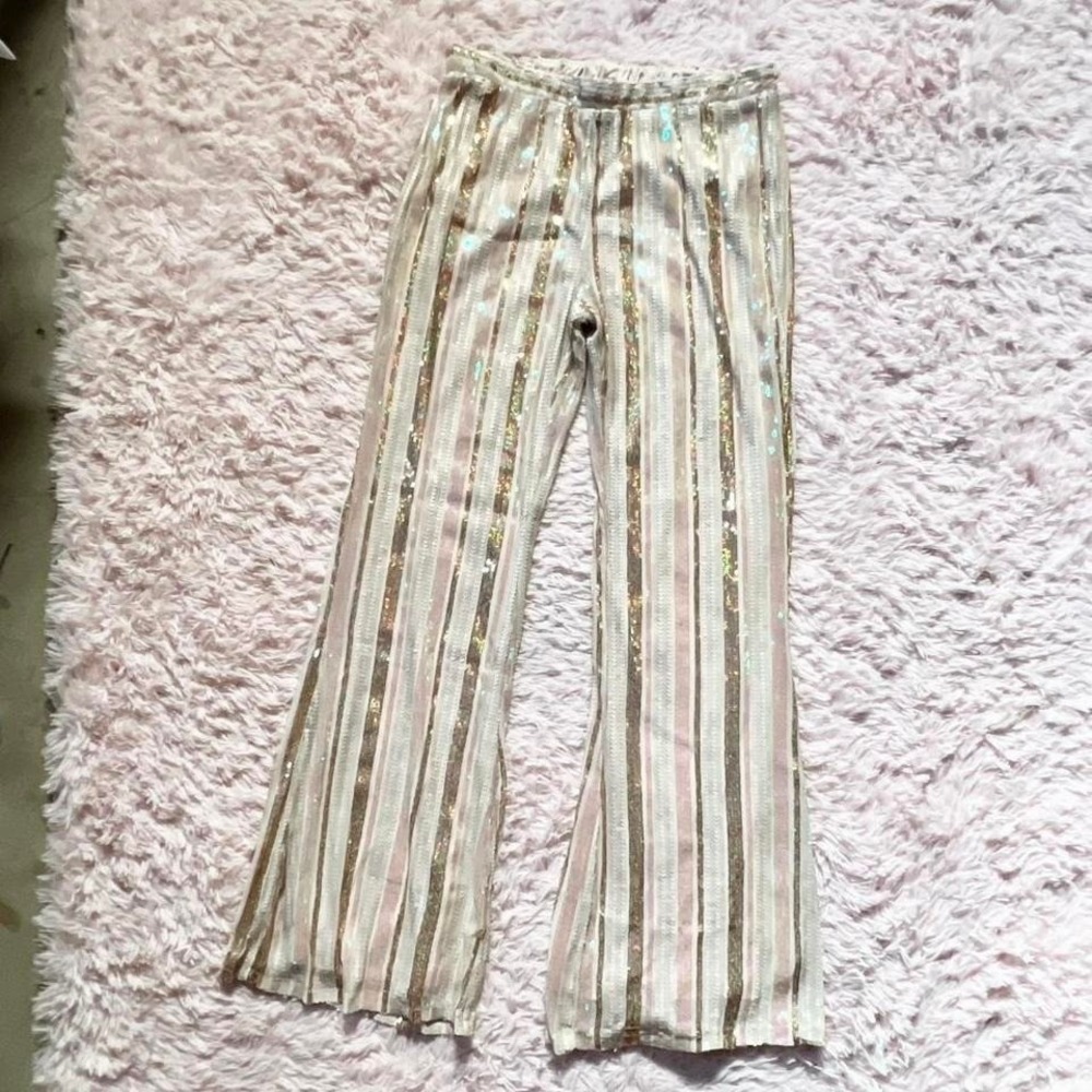 Sequin‎ Glam Striped Boho Wide Leg Trousers Womens L Retro Disco Festival PopArt